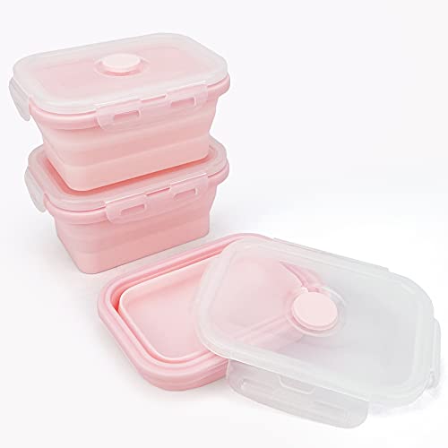 CCyanzi 3piece Collapsible Food Storage Containers with Lids, Silicone Lunch Container, Microwave & Freezer Safe, Space Saving for Kitchen Cabinet and Camping Backpack,(pink) - color: pink