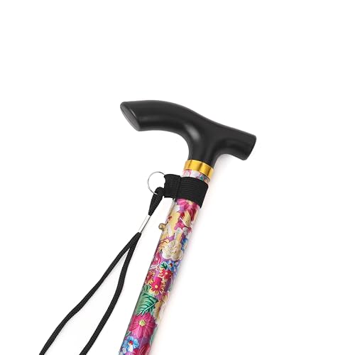 Folding Lightweight Walking Stick - Adjustable Aluminum Metal Collapsible Travel Cane with Non-Slip Rubber Base - color: Pink Floral