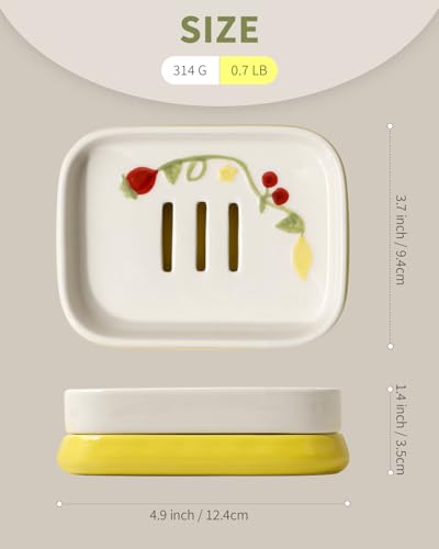 Ceramic Soap Dish, Handpainted Farmhouse Self Draining Soap Holder, Double Layer Bar Soap Holder with Floral Design, Decorative Soap Dish for Bathroom Shower Kitchen Sink, Keeps Soap Dry, ANTIS'S HOME - color: Yellow