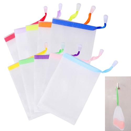 10 PCS Soap Bags Handmade Soap Bubble Mesh Bags Exfoliating Soap Saver Pouch Net Bags with Drawstring Body Facial Cleaning Tool for Bath and shower, Assorted Colors - color: 10pcs 4.7 x 3.5 inches