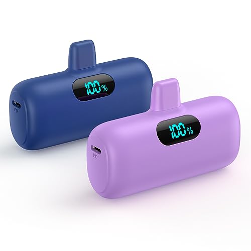[2 Pack] Small Portable Charger for iPhone,Upgraded 5000mAh PD Fast Charging Power Bank, LCD Display Cute Mini Battery Pack Compatible with iPhone 14/14 Pro Max/13/13 Pro/12 Pro/11/XR/X/8,Blue+Purple - color: Blue +Purple