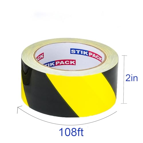 1 Pack Industrial Safety Floor Marking Tape, Black and Yellow Stripes, 2 Inches x 108 Feet, Safety Caution Tape, No Residue, Strong Adhesive, for Outdoor Construction Warning, Danger Zone