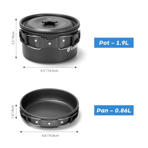 Odoland 15pcs Camping Cookware Mess Kit, Lightweight Pot Pan Kettle Set | Anodized aluminum, for hiking, outdoor cooking and picnic, 1.9L pot 0.8L kettle 0.86L pan mess kit, little compact pot set - style: Black
