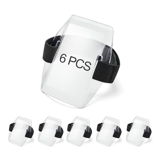 6Pcs Arm Badge Holder Armband ID Card Holder Waterproof Armband Badge with Adjustable Elastic Strap for Office Staff, Students, Employees, Universal Size, Transparent