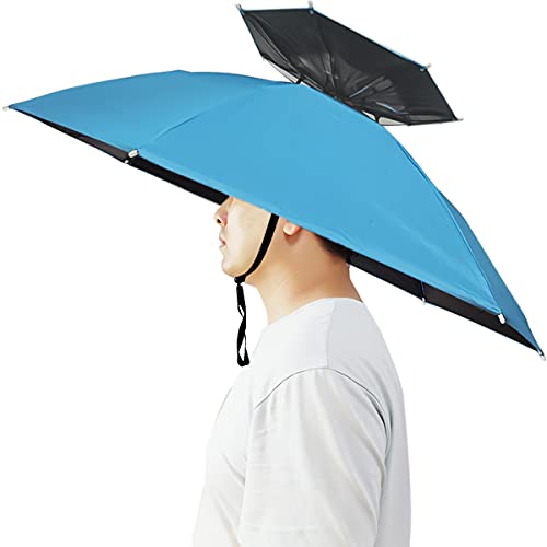 Umbrella Hat, 37 inch Fishing Umbrella Hat Hands Free Foldable UV Protection Umbrella Cap Adjustable Headwear for Fishing Golf Camping Beach Gardening Sunshade Outdoor - color: Sky Blue/Double Layer