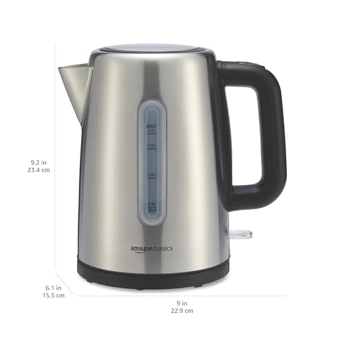 Amazon Basics Electric Stainless Steel Kettle for Tea and Coffee, BPA-Free, Fast Boiling, Auto Shut-Off, Boil-Dry Protection, 1.7 Liter, 1500W, Black and Silver - size: 1.8 Quarts, style: Stainless Steel