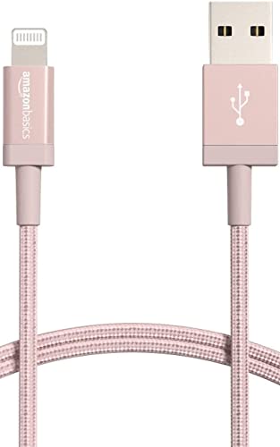 Amazon Basics USB-A to Lightning Cable, Apple MFi Certified, Nylon Braided Cord for iPhone 14 13 12 11 X Xs Pro, Pro Max, Plus, iPad, Data Sync, High Speed Transfer, 3 Foot, Rose Gold - color: Rose Gold, size: 3 Feet, style: 1-Pack