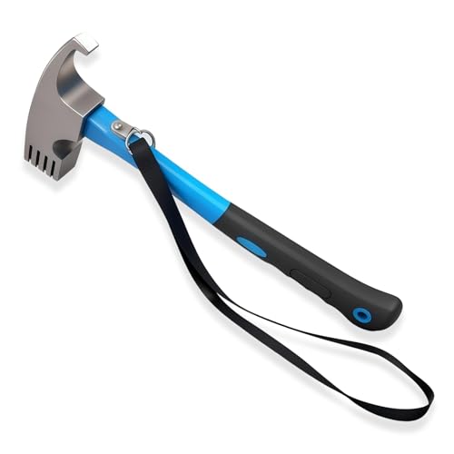 Camping Hammer with Tent Stake Remover, 12" Heavy Duty Steel Tent Mallet Rubber Covered Anti-Slip Handle & Holding Strap Multi-Functional for Camping, Backpacking, Hard Places (Blue) - color: Blue