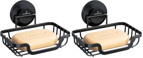 LEVERLOC Soap Dish, Soap Bar Holder for Shower Suction Cup Wall Mounted, Stainless Steel No-Drilling Removable Waterproof Sponge Holder for Bathroom Bathtub Kitchen Sink, Keep Dry, Black (Pack of 2) - color: Black, size: 5.7" * 4.8" (Pack of 2)