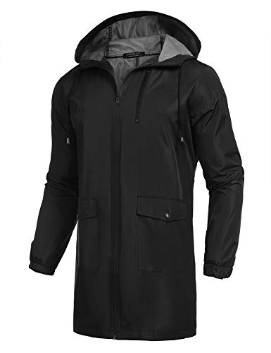 COOFANDY Men's Long Raincoat Ligtweight Rain Jacket Waterproof Outdoor Jackets with Hood - color: Black, size: Small