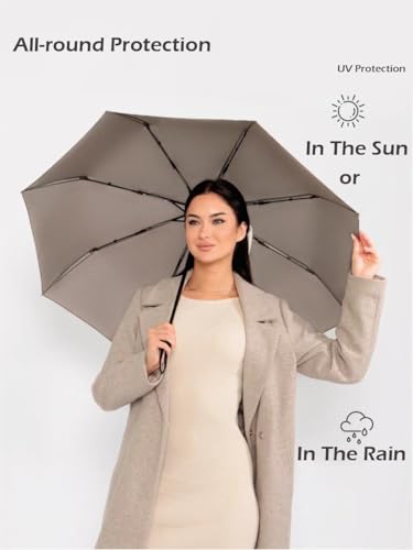 Windproof Travel Umbrella - Compact, Light, Full Automatic Open/Close - Folding Backpack Umbrella for Rain & Sun UV Preotection For Men & Women, Unbreakable 8 Fiberglass Ribs UK Design - color: Light Grey