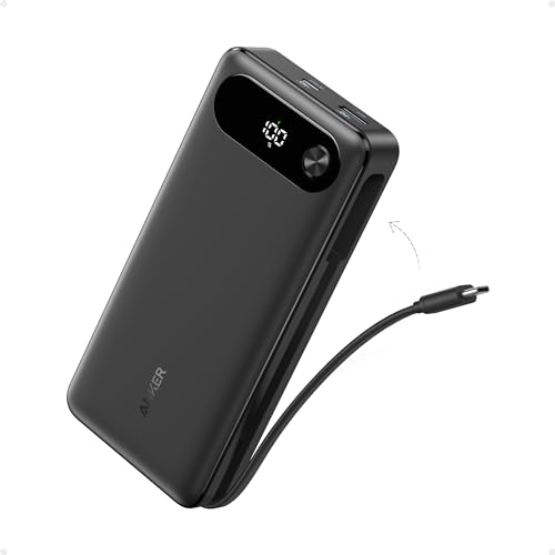 Anker Power Bank, 20,000mAh Travel Essential, Built-in USB-C Cable(Black) - color: Black