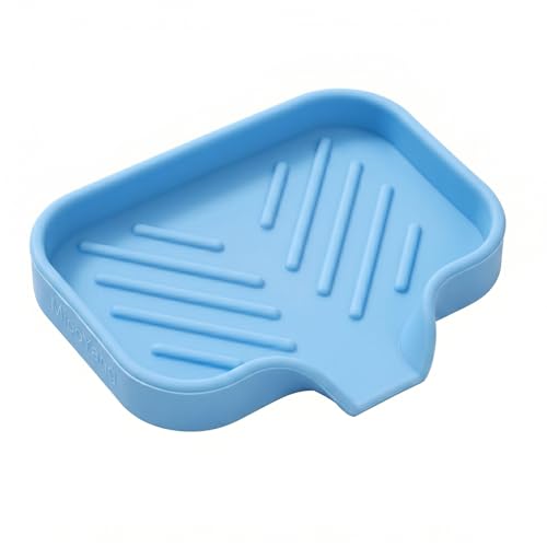 MicoYang Silicone Soap Dish with Drain Spout, Self-Draining Sink Organizer Tray for Bathroom & Kitchen, Sponges, Dispensers & Soap Holder, Non-Slip and Dishwasher Safe, Light Blue (Compact, 4.9"×3.2") - color: Light Blue, size: S(4.9"×3.2")