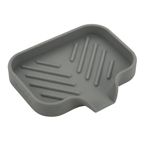 MicoYang Silicone Soap Dish with Drain Spout, Self-Draining Sink Organizer Tray for Bathroom and Kitchen, Sponges, Dispensers and Soap Holder, Non-Slip and Dishwasher Safe, Grey (Compact, 4.9"×3.2") - color: Grey, size: S(4.9"×3.2")