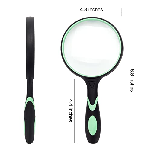 Large Magnifying Glass 5X Handheld Reading Magnifier for Seniors & Kids - 100MM 4INCHES Real Glass Magnifying Lens for Book Newspaper Reading, Insect and Hobby Observation, Classroom Science (GREEN)