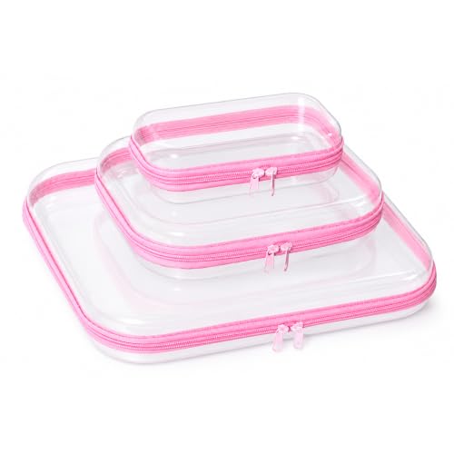 3 Pack Clear Hard Shell Zipper Case (1XL + 1L + 1M, Pink) | Travel Toiletry Bag, Waterproof 1.2mm PET Hard Plastic Pouches, Organizer Box for Makeup, Toy, Snack, Stationery, Diaper - color: Pink(XL+L+M)