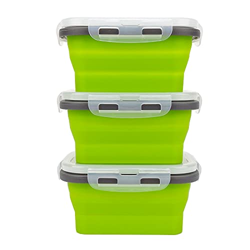 CCyanzi 3piece Collapsible Food Storage Containers with Lids, Silicone Lunch Container, Microwave & Freezer Safe, Space Saving for Kitchen Cabinet and Camping Backpack,(green gray) - color: green with gray