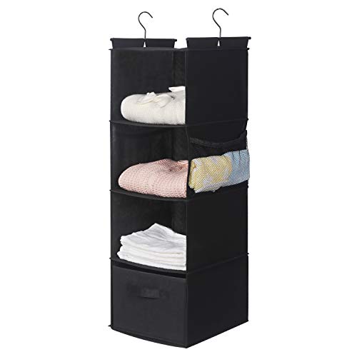 MAX Houser 4-Shelf Hanging Closet Organizer, Space Saver, Cloth Hanging Shelves with 2 Side Pockets, Foldable (Black) | Foldable Fabric Hanging Shelves for Closet, Cloth Hanging Shelves with 2 sturdy hanging hooks, Small Space Saver - color: Black-1