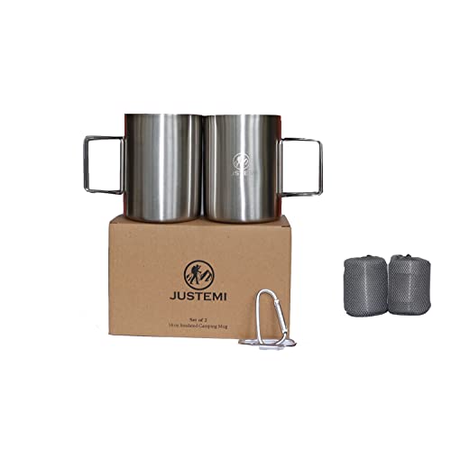 Stainless Steel Camping Coffee Mugs Set of 2,Insulated Camping Cup with Foldable Handle & Mesh Bag,Double Walled Metal Backpacking Cup for Outdoor Hiking（14oz） - style: Classic