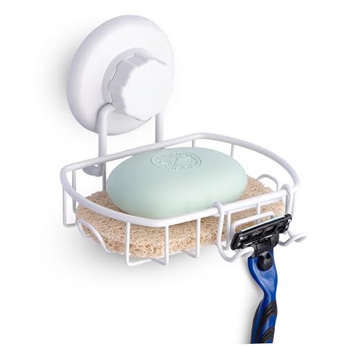 HASKO Suction Cup Soap Dish for Shower with Hooks and Soap Saver, White - color: White
