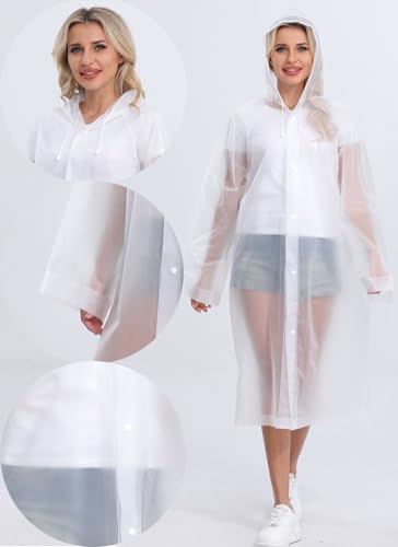 2-Pack Reusable Rain Ponchos for Adults, HOOMBOOM Raincoats Emergency for Women/Men with Drawstring and Sleeves - color: White