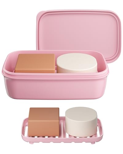 Quatish Leakproof Large Soap Dish with Lid & Draining Layer, Shatterproof Travel Bar Soap Holder Case Container, Portable Travel Size Toiletries Essentials for Camping, Gym, Bathroom, Pink - color: Pink, size: Large