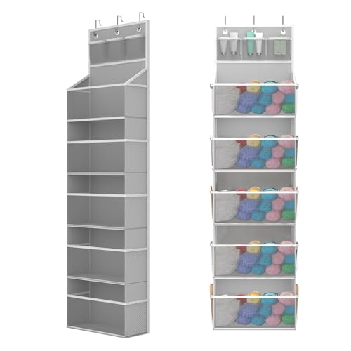 Hanging Yarn Organizer, 5 Zipper Pockets, 10 Mesh Sides, Gray