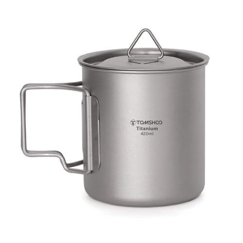 TOMSHOO 450ml/15oz Titanium Mug Camping Titanium Pot with Lid | Camping Coffee Cup with Foldable Handle, Backpacking Cup for Hiking Travelling Camping Open Fire - size: 420 Ounces
