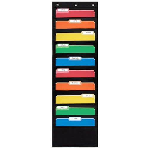 Essex Wares- 10 Pocket File Folder Pocket Chart, Black, 14" Wide x 47" Tall | Versatile Wall Hanging File Folder Organizer for Classrooms, Offices, Home, and More - Wall Folder Organizer - size: 10 Pocket