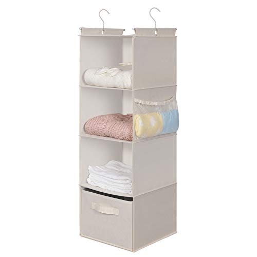 MAX Houser 4-Shelf Hanging Closet Organizer, Space Saver, Cloth Hanging Shelves with 2 Side Pockets, Foldable (Beige) | Foldable Fabric Hanging Shelves for Closet, Cloth Hanging Shelves with 2 sturdy hanging hooks, Small Space Saver - color: Beige-2