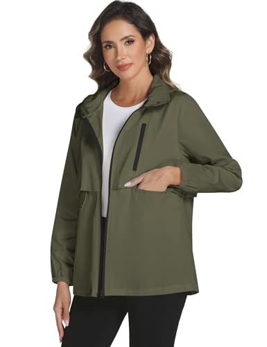 Avoogue Rain Jacket Women with Hooded Waterproof Raincoats - color: Army Green, size: Small