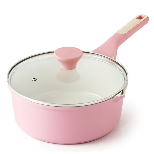 SENSARTE Ceramic Nonstick Saucepan with Double Pouring Spout, 3QT, Pink | Cooking Pot with Stay Cool Handle, Induction Compatible, Ceramic Coating, PFOA/PFAS/PTFE Free - color: Sakura Pink, size: 3.0 Quarts