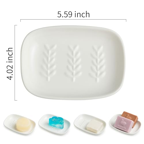 Miamolo Soap Dish for Shower, Soap Holder Raised Design, No More Mushy Soap | Ceramic Soap Saver, Stable Weighted Tray | Large for 2 Bar Soaps, Sponges | for Bathroom Kitchen Sink, Dishwasher Safe, White - color: White, size: Leaf Design