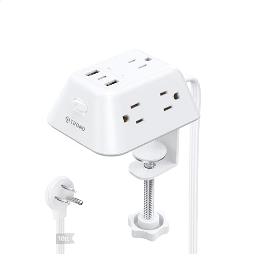 TROND Desk Clamp Power Strip, Desk Charging Station with 5 AC Outlets | Surge Protector with 3 USB Ports, Fit 1.97in Tabletop Edge Thick, 10FT Extension Cord for Home Office Desk Accessories, White - color: White, size: 10FT (2U1C)