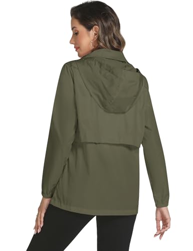 Avoogue Rain Jacket Women with Hooded Waterproof Raincoats - color: Army Green, size: Medium