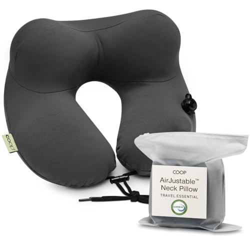 Coop Home Goods AirJustable Travel Neck Pillow, Inflatable, Adjustable Support for Neck & Chin, Compact, Soft Memory Foam Comfort, Airplane Travel Essentials, Cooling & Washable Cover