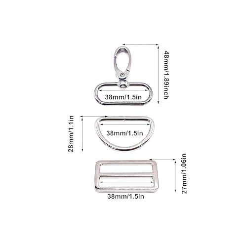 Goyunwell 1-1/2 inch Swivel Snap Hooks & D Rings Tri-Glide Silde for Bag | Purses Handbag Backpack Shoulder Bag Dog Collar Webbing Pet Leashes Keychain Lanyard Strap Craft Making Metal Buckles 5 Sets - color: Silver, size: 1-1/2 inch