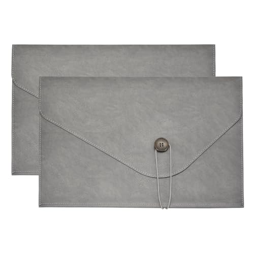 PATIKIL 2Pcs Leather Folder, 14x10 Leather Document Holder File Folder PU Pouch Bag Portfolio File Organizer Button Personal Envelope Waterproof for Traveling Office Men Gift, Gray - color: Gray