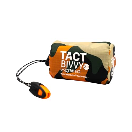 Survival Frog Tact Bivvy 2.0 Emergency Sleeping Bag with Stuff Sack, Carabiner & Survival Whistle – Compact, Lightweight, Waterproof, Reusable Thermal Bivy Sack Shelter Kit - color: New 2.0 Tactical Camo