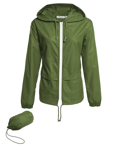Hount Women Rain Jacket Lightweight Waterproof Packable Raincoat with Hood - color: Army Green, size: X-Large