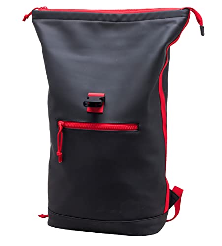 X RAY Roll Top Laptop Backpack for Men Women, PU Leather Expandable Roll Up Backpack Capacity Adjustable 22L & Fits 15.6" Laptop, Black/Red - color: Black/Red