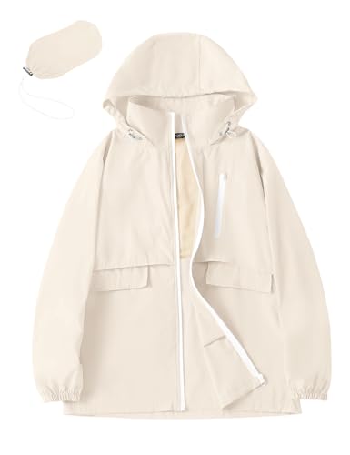 Avoogue Rain Jacket Women with Hooded Waterproof Raincoats - color: Beige, size: Large
