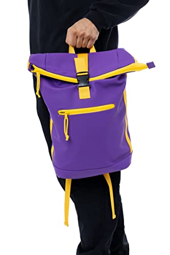 X RAY Roll Top Laptop Backpack for Men Women, PU Leather Expandable Roll Up Backpack Capacity Adjustable 22L & Fits 15.6" Laptop, Purple/Yellow - color: Purple/Yellow