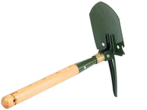 MASTIFF GEARS Folding Survival Shovel - Wooden Handle, Heavy Duty Carbon Steel Military Entrenching Tool for Camping, Off Road, Beach & All-Terrain Digging (Classic w/Pick) - style: Folding Shovel