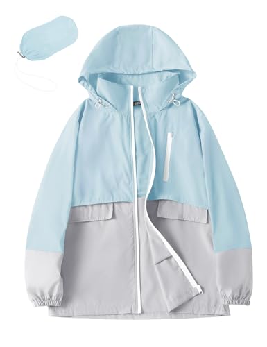 Avoogue Rain Jacket Women with Hooded Waterproof Raincoats - color: Light Blue Grey, size: Large