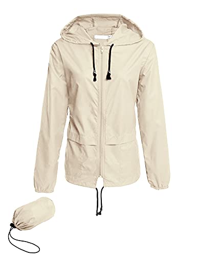 Avoogue Raincoat Women Lightweight Waterproof Rain Jackets Packable Outdoor Hooded Windbreaker - color: Beige, size: Small
