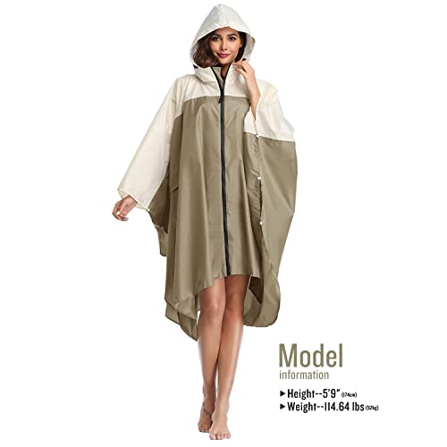 SaphiRose Adult Rain Poncho Waterproof Hooded Zipper Raincoat with Pockets - color: A-khaki-white