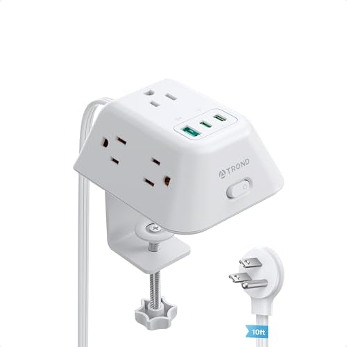 TROND Desk Clamp Power Strip, Desk Outlets with 2 USB C PD 20W Ports | Desktop Charging Station with 5 AC Outlets, Fit 1.97in Tabletop Edge Thick, Extension Cord 10ft for Home Office Dorm, White - color: White, size: 10FT (2C1U & PD 20W)