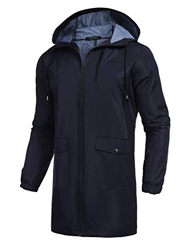 COOFANDY Men's Long Raincoat Ligtweight Rain Jacket Waterproof Outdoor Jackets with Hood - color: Navy Blue, size: Small