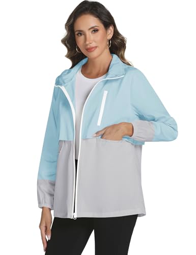 Avoogue Rain Jacket Women with Hooded Waterproof Raincoats - color: Light Blue Grey, size: Large